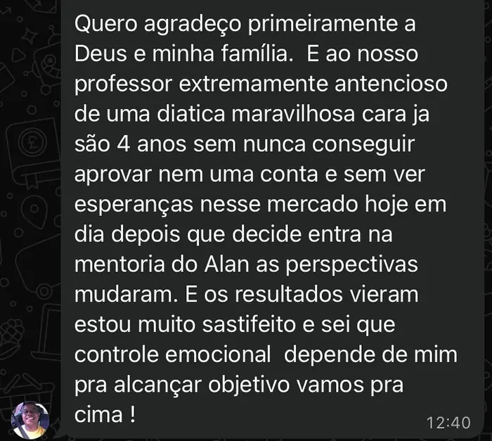 Mensagem do aluno Jean Douglas agradecendo a mentoria