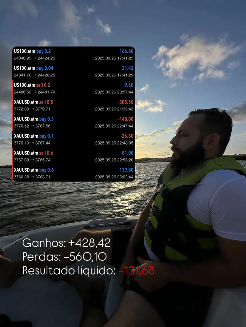 Print de um dia real do Alan: ganhos +428,42, perdas -560,10, resultado líquido -131,68
