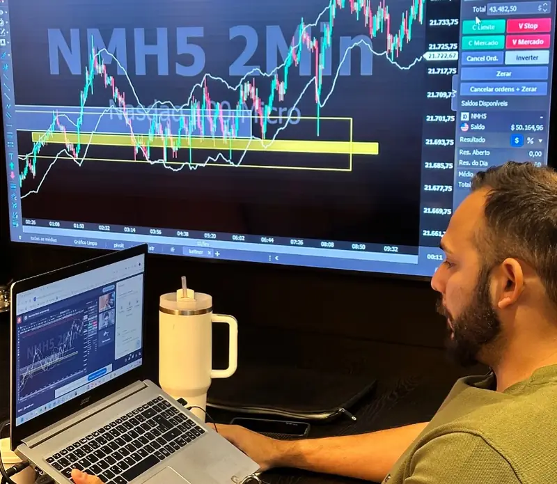 Aluno operando NASDAQ com o gráfico na tela